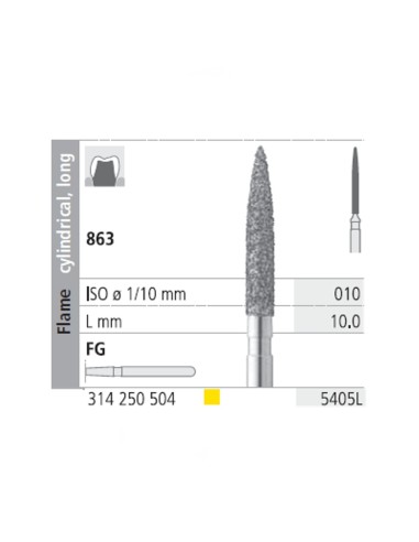 Fresas Diamante FG 5405L Llama Cilíndrica, Larga 863-010 Extra Fino L10 mm Caja 6 uds Intensiv