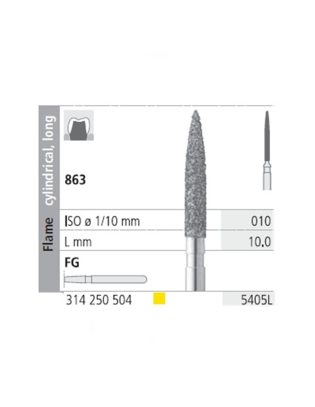 Fresas Diamante FG 5405L Llama Cilíndrica, Larga 863-010 Extra Fino L10 mm Caja 6 uds Intensiv