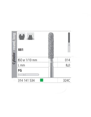 Fresas Diamante FG 324C Cilindro Redondo, Largo 881-014 Grueso L8 mm 6 uds Intensiv