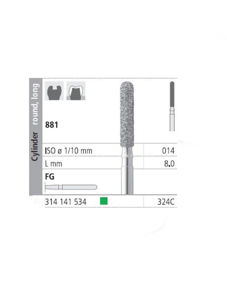 Fresas Diamante FG 324C Cilindro Redondo, Largo 881-014 Grueso L8 mm 6 uds Intensiv