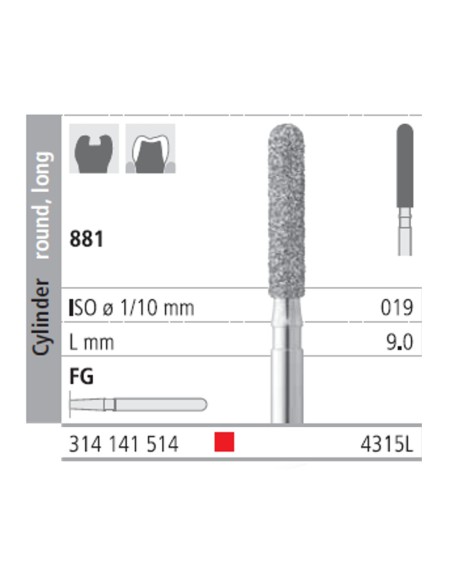Fresas Diamante FG 4315L Cilindro Redondo, Largo 881-019 Fino L9 mm 6 uds Intensiv