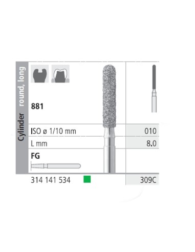 Fresas Diamante FG 309C Cilindro Redondo, Largo 881-010 Grueso L8 mm 6 uds Intensiv