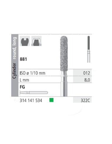 Fresas Diamante FG 322C Cilindro Redondo, Largo 881-012 Grueso L8 mm 6 uds Intensiv