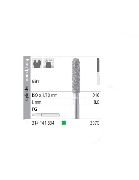 Fresas Diamante FG 307C Cilindro Redondo, Largo 881-016 Grueso L8 mm 6 uds Intensiv