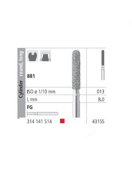 Fresas Diamante FG 4315S Cilindro Redondo, Largo 881-013 Fino L8 mm 6 uds Intensiv