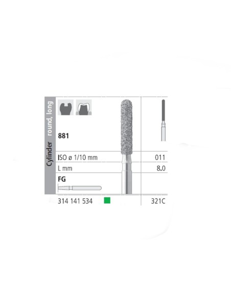 Fresas Diamante FG 321C Cilindro Redondo, Largo 881-011 Grueso L8 mm 6 uds Intensiv