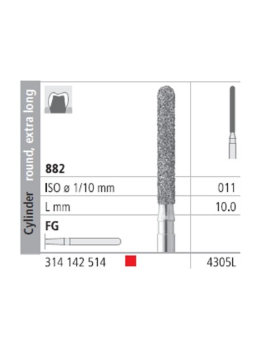 Fresas Diamante FG 4305L Cilindro Redondo, Extra Largo 882-011 Fino L10 mm 6 uds Intensiv