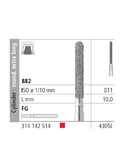 Fresas Diamante FG 4305L Cilindro Redondo, Extra Largo 882-011 Fino L10 mm 6 uds Intensiv