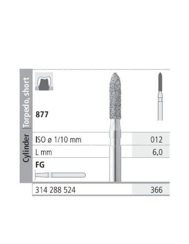 Fresas Diamante FG 366 Cilindro, Torpedo Corto 877-012 Medio L6 mm 6u Intensiv