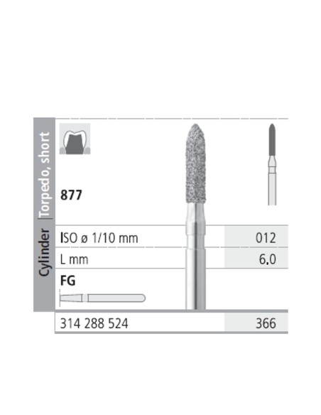 Fresas Diamante FG 366 Cilindro, Torpedo Corto 877-012 Medio L6 mm 6u Intensiv