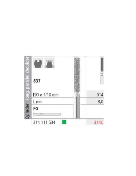 Fresas Diamante FG 314C Cilindro, Largo, Hombro Paralelo 837-014 Grueso 6 uds Intensiv