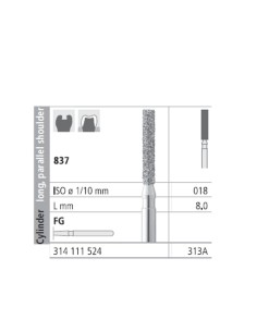 Fresas Diamante FG 313A Cilindro, Largo, Hombro Paralelo 837-018 Medio L 8mm 6 uds Intensiv