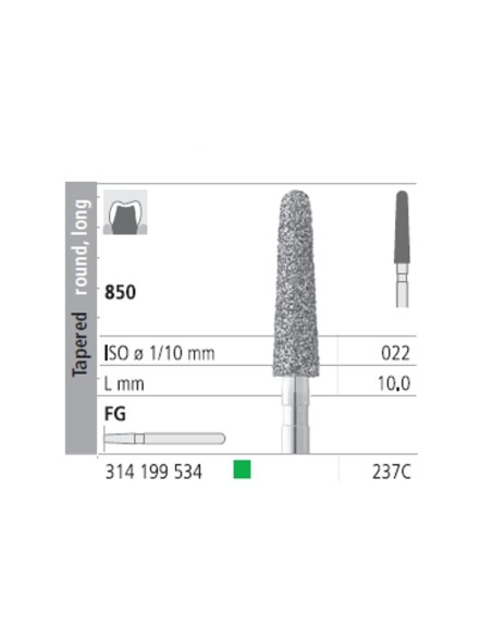 Fresas Diamante FG 237C Cónico, Redondo, Largo 850-022 Grueso L10 Caja 6u Intensiv
