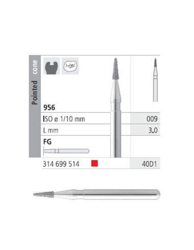 Fresas Diamante FG 40D1 Cono Puntiagudo Corto 956-009 Fino, Rojo L 3,0mm 6 uds Intensiv