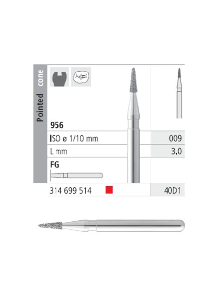 Fresas Diamante FG 40D1 Cono Puntiagudo Corto 956-009 Fino, Rojo L 3,0mm 6 uds Intensiv