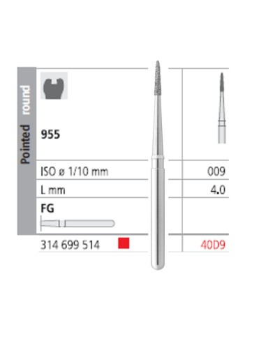Fresas Diamante FG 40D9 Cono Puntiagudo Corto, Cuello Largo 955-009 Fino L4 6 uds Intensiv