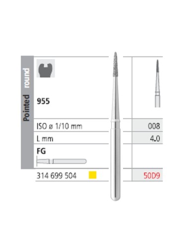 Fresas Diamante FG 50D9 Cono Puntiagudo Corto, Cuello Largo 955-008 Extra Fino L4 6 uds Intensiv
