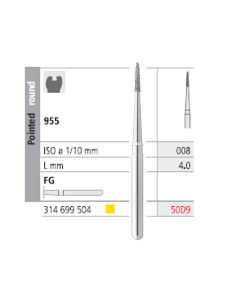 Fresas Diamante FG 50D9 Cono Puntiagudo Corto, Cuello Largo 955-008 Extra Fino L4 6 uds Intensiv