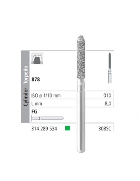 Fresas Diamante FG 308S C Torpedo Normal 878-010 Grueso, Verde, L 8,0mm 6 uds Intensiv