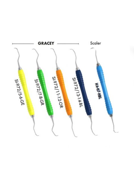 Paro Set Colori Silikon 4 Curetas Gracey + Scaler, Mango Silicona, Periodontología Carl Martin