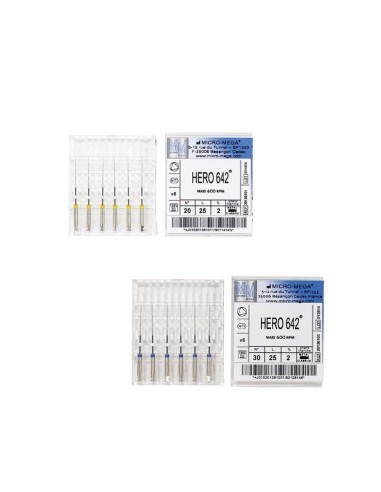 Limas NiTi Hero 642 Conformado 25mm Conicidad 02 Caja 6 unidades MicroMega Coltène