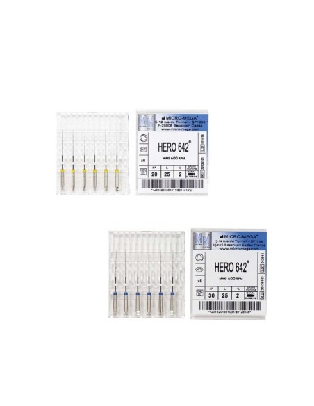 Limas NiTi Hero 642 Conformado 25mm Conicidad 02 Caja 6 unidades MicroMega Coltène