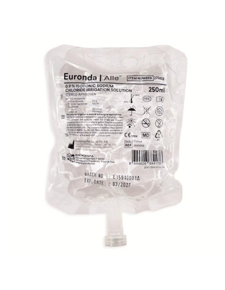 Suero Fisiológico Cloruro de Sodio 0,9% Caja 20 Bolsas 250ml Uso Dental, Euronda Alle