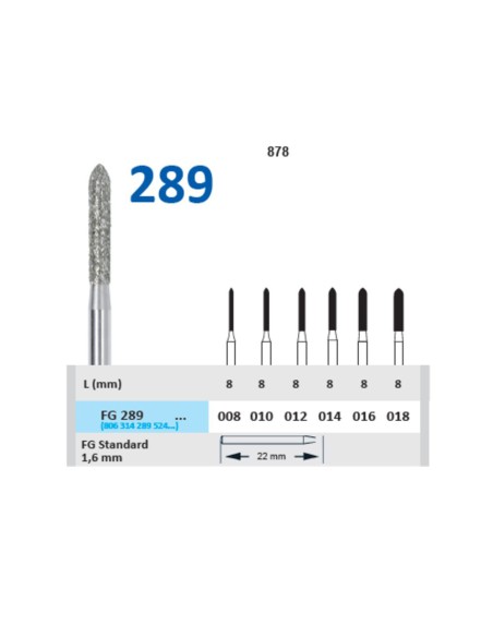 Fresa Diamante Turbina FG 289 Fig. 878 L8 Torpedo Clínica Blister 5 u Horico