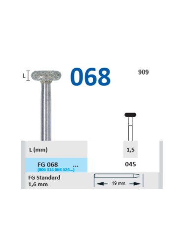 Fresa Diamante Turbina FG 068-045 Fig. 909 L1,5 Rueda Clínica 1 ud Horico