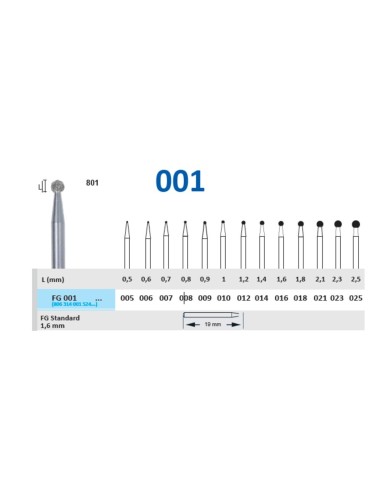 Fresa Diamante Turbina FG 001 Fig. 801 Bola Clínica 5 unidades Horico
