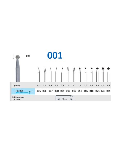 Fresa Diamante Turbina FG 001 Fig. 801 Bola Clínica 5 unidades Horico