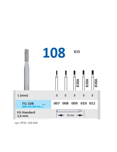 Fresa Diamante Turbina FG 108 Fig. 835 Cilindro, Clínica 5 unidades Horico