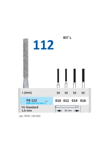 Fresa Diamante Turbina FG 112 Fig. 837L Cilindro Largo, Hombro Paralelo Clínica 5u Horico