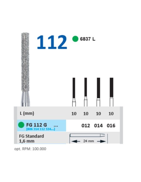 Fresa Diamante Turbina FG 112G Fig. 6837L Grueso, Cilindro Largo, Hombro Paralelo Clínica 5u Horico