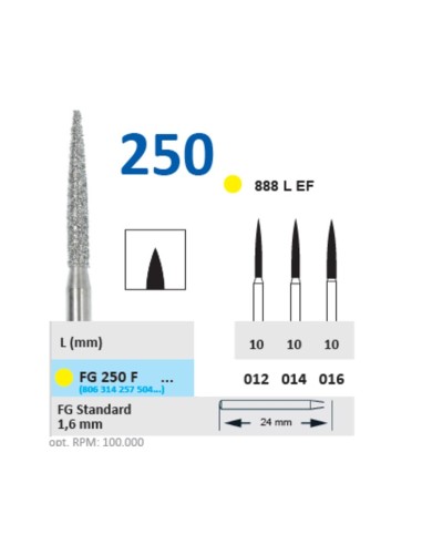 Fresa Diamante Turbina FG 250F Fig. 888 L EF Llama Alargada, Extra Fino, Clínica 5u Horico