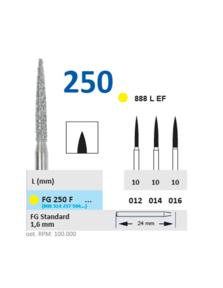Fresa Diamante Turbina FG 250F Fig. 888 L EF Llama Alargada, Extra Fino, Clínica 5u Horico