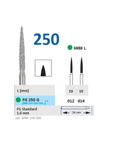Fresa Diamante Turbina FG 250G Fig. 6888 L Llama Alargada, Grueso, Clínica 5u Horico