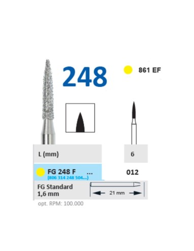 Fresa Diamante Turbina FG 248F-012 Fig. 861 EF Llama, Extra Fino, Clínica 5u Horico