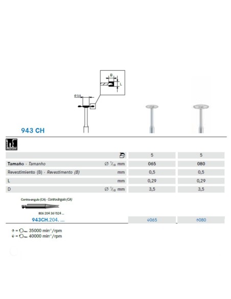 Fresa Diamante 943CH.204 Disco CA Clínica Cirugía 1 unidad Komet