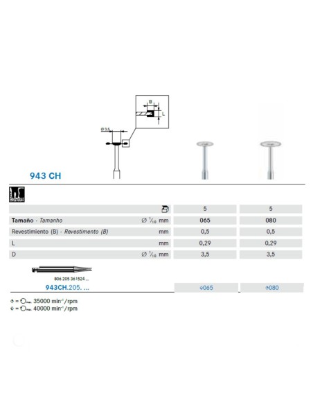 Fresa Diamante 943CH.205 Disco 0,5mm CA Largo Clínica Cirugía 1 ud Komet