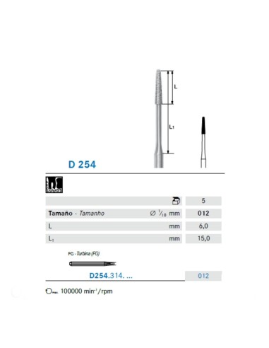 Fresa Diamante D254.314.012 Cónica FG Clínica Cirugía 5 uds Komet