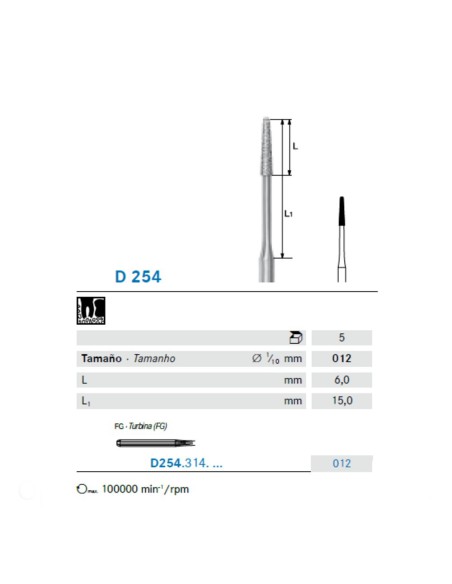 Fresa Diamante D254.314.012 Cónica FG Clínica Cirugía 5 uds Komet