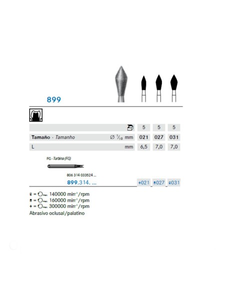 Fresa Diamante 899.314 FG Oclusal/Palatino Preparación, Clínica 5 uds Komet