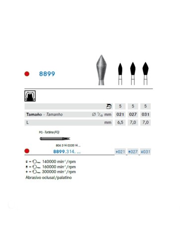 Fresa Diamante FG 8899.314 Oclusal/Palatino, Fino, Preparación, Clínica 5 uds Komet