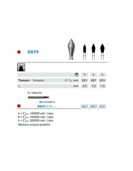 Fresa Diamante FG 8899.314 Oclusal/Palatino, Fino, Preparación, Clínica 5 uds Komet