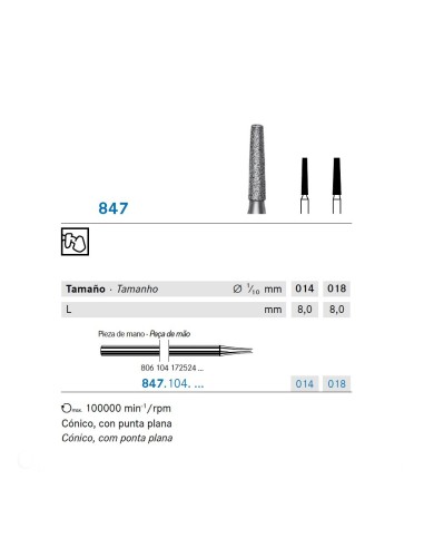 Fresa Diamante 847.104 PM Cónico, Punta Plana Laboratorio 5 uds Komet