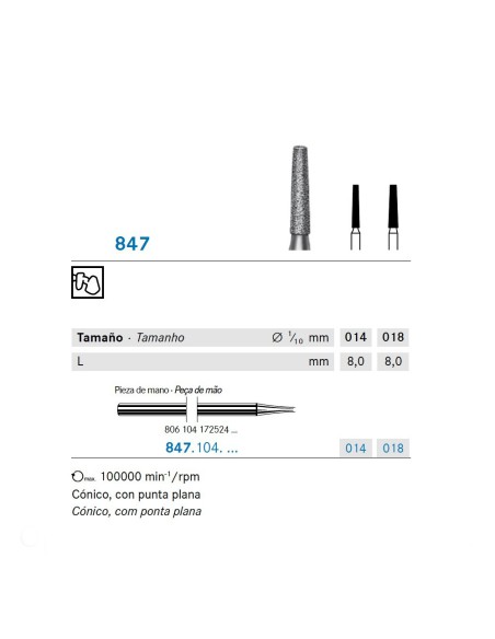 Fresa Diamante 847.104 PM Cónico, Punta Plana Laboratorio 5 uds Komet