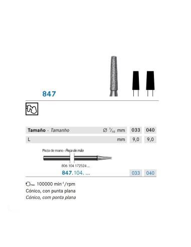 Fresa Diamante 847.104 Laboratorio PM Cónico, Punta Plana 1 unidad Komet