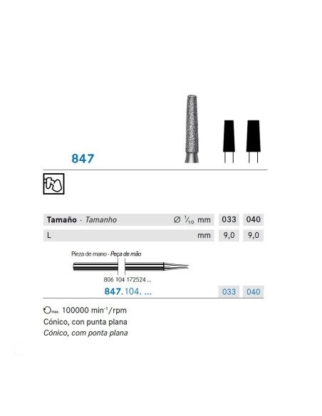 Fresa Diamante 847.104 Laboratorio PM Cónico, Punta Plana 1 unidad Komet