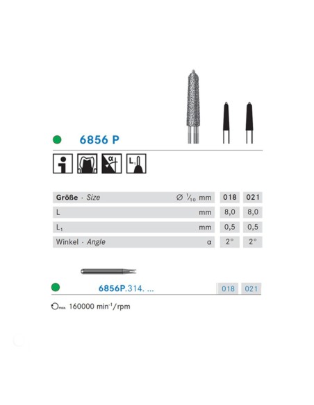 Fresa Diamante FG 6856P.314 Cónico, Bisel con Punta Guía, Clínica 5 uds Komet